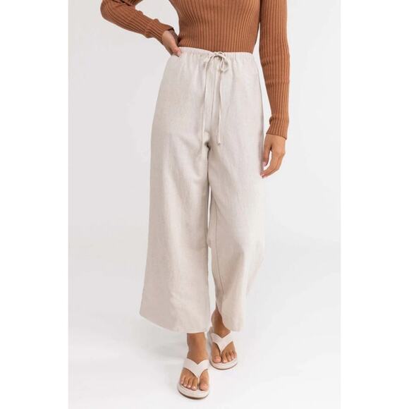 Rhythm Classic Drawstring Wide Leg Pants in Oat Linen-Blend Size 10 Gently Used - Picture 1 of 8